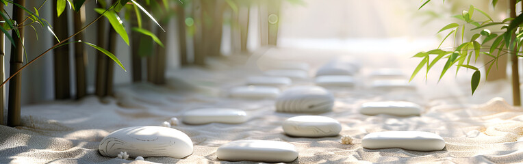 Serene zen garden with white stones and bamboo in sandy landscape