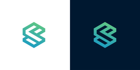 Abstract Geometric Logo Symbol Featuring Two 'S' Shaped Designs in Green and Teal Gradient on White and Dark Blue Backgrounds