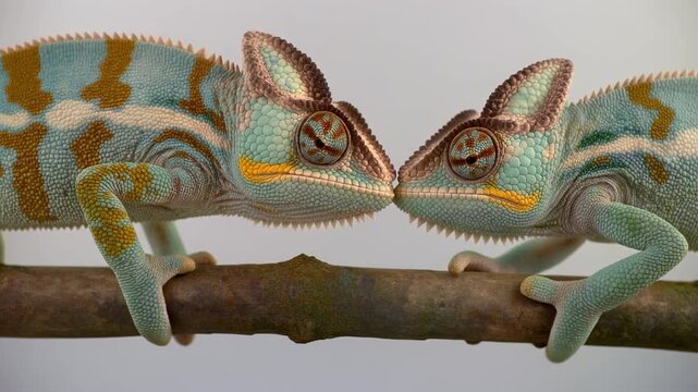An intimate close-up of two beautifully patterned chameleons on a natural branch, sharing a gentle interaction that highlights their vivid colors and expressive features