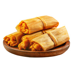 Venezuelan tamales wrapped in corn husk, tied with rustic rope, isolated on white transparent background, representing traditional South American cuisine