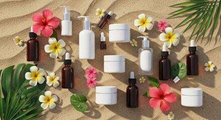Summer skincare beauty mockup background with tropical leaves and flower