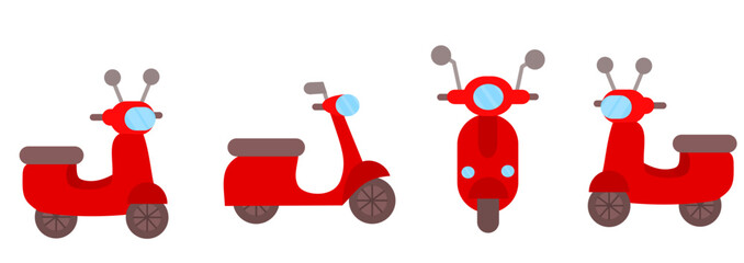 Red motorcycle or motorbike vehicles on white background.Front and side view.Electric Scooter.Delivery and transport.Sign, symbol, icon and logo isolated.Flat design.Cartoon vector illustration.