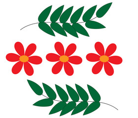 red flowers and two twigs on a white background,