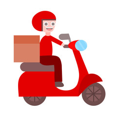Red delivery rider on scooter.A man with helmet riding motorcycle or motorbike.Transportation and courier service.Sign, symbol, icon and logo isolated.Flat design.Cartoon vector illustration.