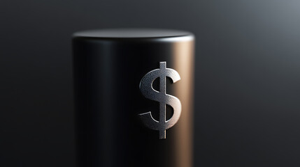 Dollar sign on a dark metal pillar. Currency and finance concepts. Elegant design with metallic textures and a minimalist aesthetic. Economic strength and monetary value.