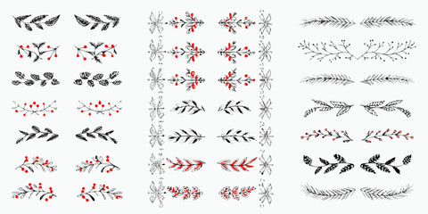 Collection of decorative botanical branches with leaves and red berries illustrations © Sukla