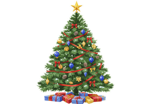Classic watercolor illustration of a dense noble fir christmas tree, detailed with blue and gold baubles and red ribbon, against a transparent background. Nostalgic holiday warmth concept