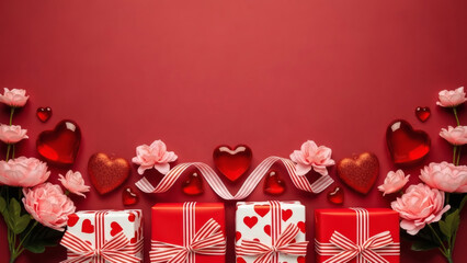 Valentines day gifts and flowers arrangement with red hearts on red background