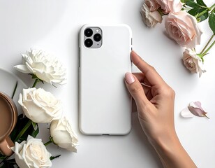 A white phone case held by a hand, surrounded by roses and a coffee cup