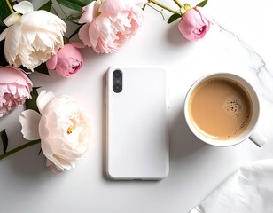 Smartphone, coffee, and peonies arranged on a white marble surface