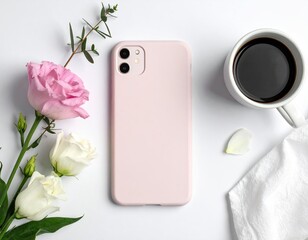 Pink phone rests near flowers, coffee, and linen on white background