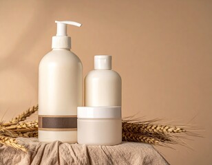 Creamy skincare products with wheat, on neutral background