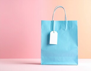 A light blue gift bag with a white tag, set against a pink-orange gradient