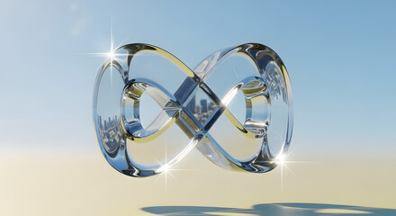 Shimmering glass infinity symbol with cityscape reflection