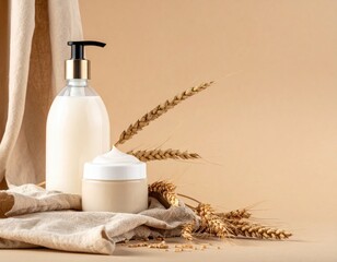 Skincare set with wheat, towel, and lotion jars against neutral backdrop