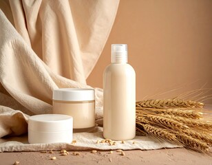 Skincare product bottles beside a wheat bundle and draped fabric