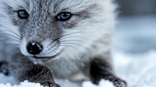 Extreme close-up macro view focusing on the fine, soft texture of a baby fox's fur and the delicate twitching of its wet nose red fox, smooth movement, beauty
