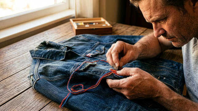 Man's hands mending a blue denim jacket with needlework