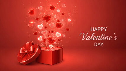 Romantic red gift box opening with glowing hearts exploding for happy valentines day celebration greeting card design