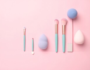 Makeup tools, brushes, and sponges, flat lay on a pink background