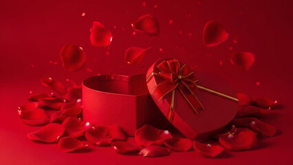 Open red heart shaped gift box with falling rose petals on red background