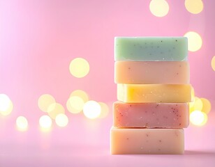 Stacked, colorful soap bars glow against a blurred, light-speckled pink background