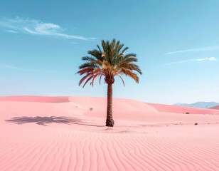 A single palm tree stands amid pink sand dunes under a clear blue sky