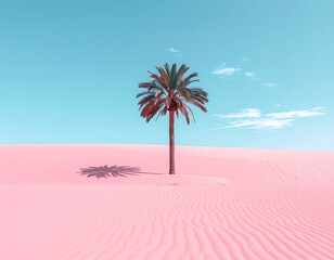 Palm tree casts shadow on pink sand dune, azure sky, serene desert scene
