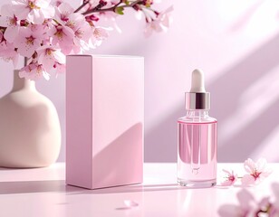 Skincare product and box with blossoms on a pink surface