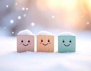 Three smiling blocks in snow, capped with snowflakes, lit by golden light