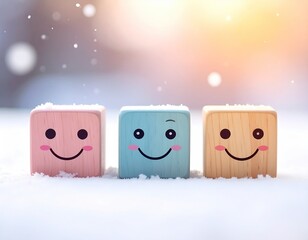 Smiling, colorful blocks with snow, sunshine, and a soft, blurred background
