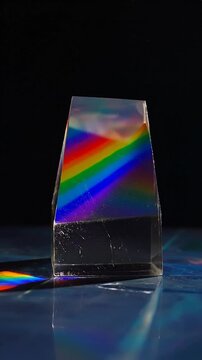 A clear triangular prism diffracts light, creating a rainbow spectrum and reflection on a surface