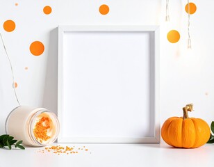 Mockup of framed art with a pumpkin and candle, festive decor