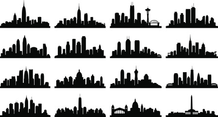 Silhouette collection of famous city skylines global landmarks urban architecture buildings skyline set tourism travel iconic cityscape illustration isolated on white background