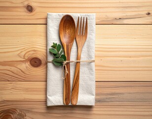Wooden utensils and linen napkin tied with twine on a wood table