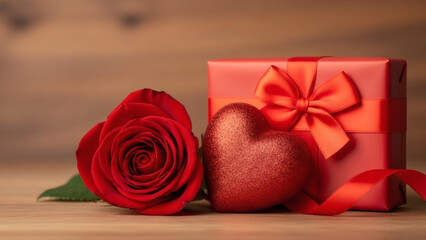 Red rose, glitter heart, and gift box for valentines day romance
