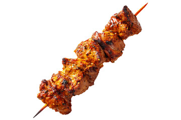 Anticuchos grilled beef meat skewer isolated on white transparent background, concept of South American barbecue cuisine.