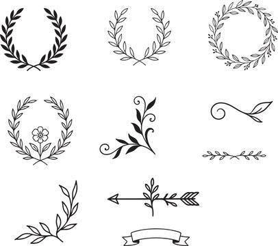 Hand Drawn Floral Wreath and Ornament Vector Collection: Rustic Laurels, Dividers, and Borders