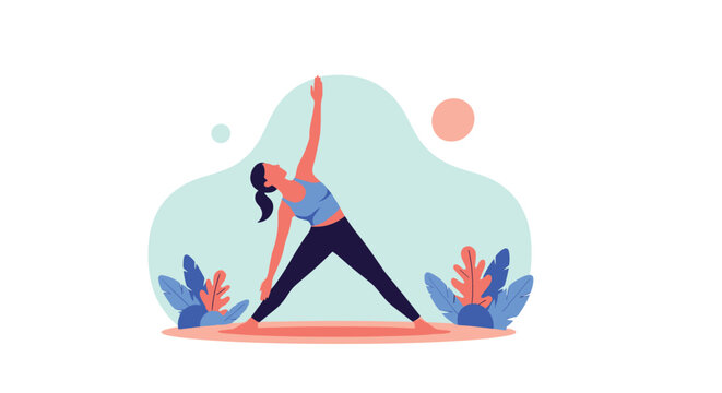 A woman practicing the extended triangle yoga pose (Trikonasana) in a serene setting with plants, promoting health and well-being.