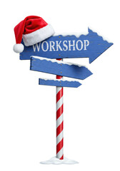 ultra-detailed, weathered deep royal blue wooden 'workshop' arrow sign with snow, miniature santa hat on a vivid red candy cane striped pole, high-key product photography on white background with