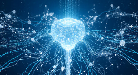 Glowing blue digital brain with neural network connections and data flow