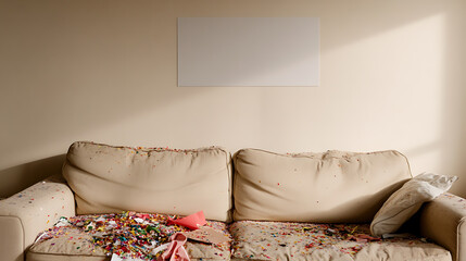 A beige couch covered in confetti with a minimalist wall art piece. The setting exudes a post-celebratory mood, subtly contrasting order with festive chaos.