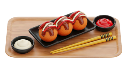Takoyaki with sauces and chopsticks on wooden tray on transparent background