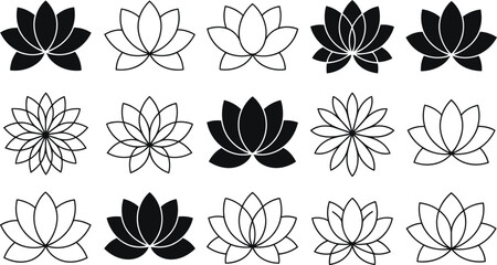 Set of lotus flower icons and zen floral symbols for wellness logo design work