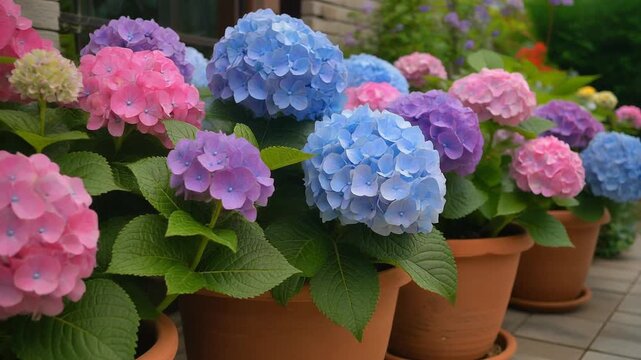Colorful Hydrangeas Blooming in Pots on a Patio, a Beautiful Spring Display