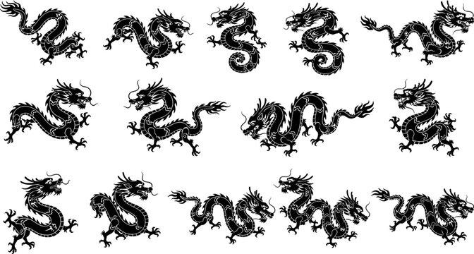 collection of black chinese dragon silhouettes in various poses on white background