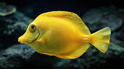 Bright yellow fish swims, dark background