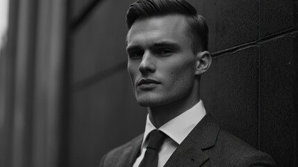 A man in a suit and tie, standing against a wall with a serious expression.