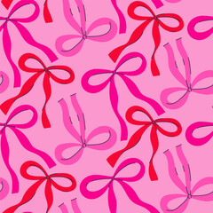 Seamless pattern with pink and red bows. Vector graphics.
