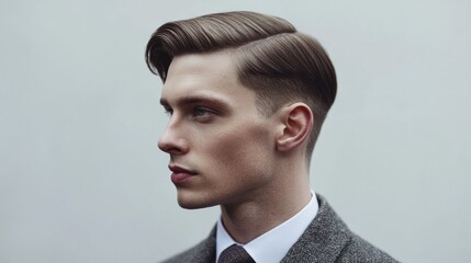 A man with a stylish haircut, wearing a suit and tie, standing in front of a plain background.